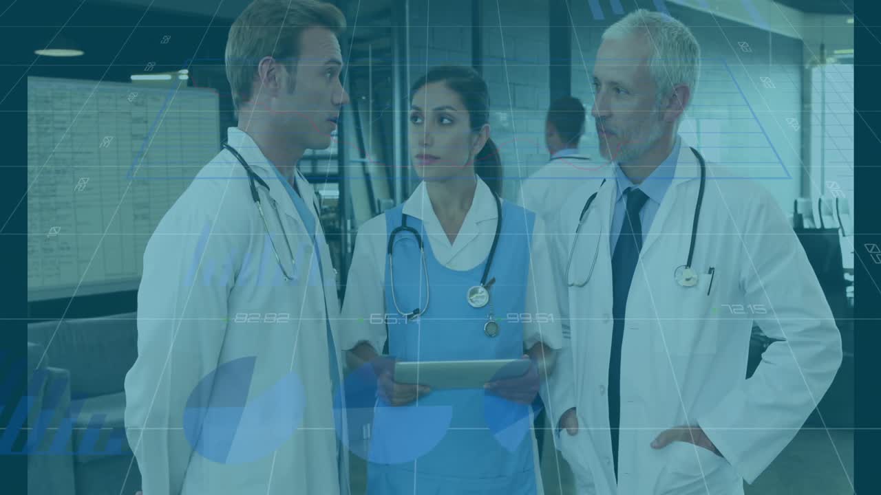 Animation of financial graphs and data over diverse medics talking