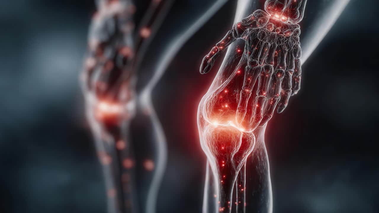 Anatomical Representation of Human Joints Showcasing Knees and Hands with Illuminated Structures Demonstrating Movement and Flexibility in a Visually Striking Format
