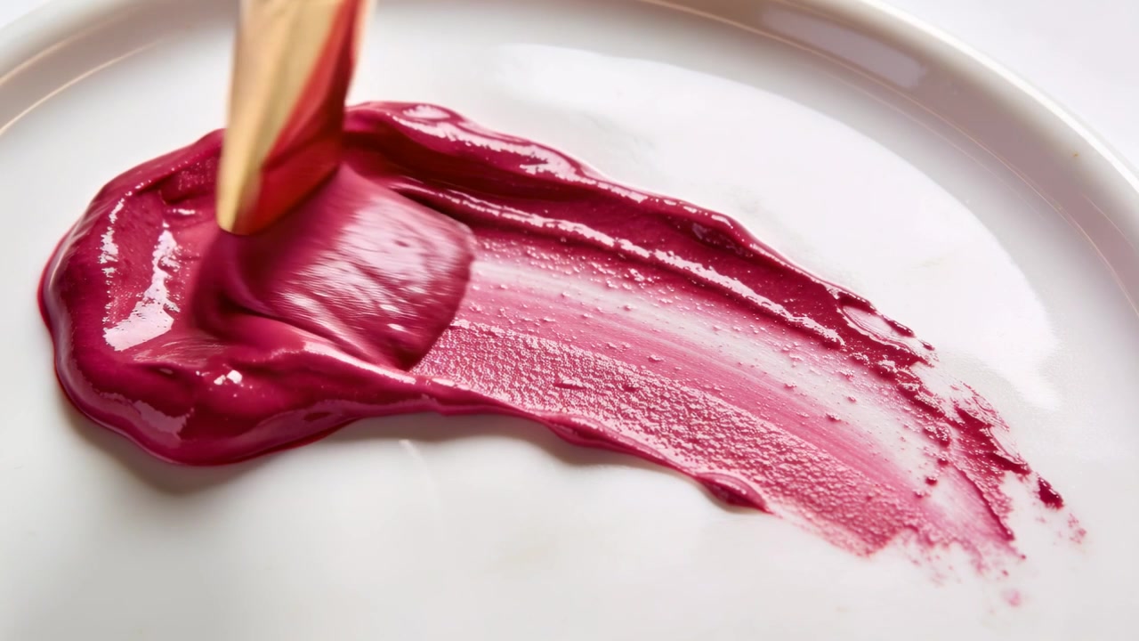 Making contact gold makeup brush smoothing magenta cream on white plate, forming glossy crescent