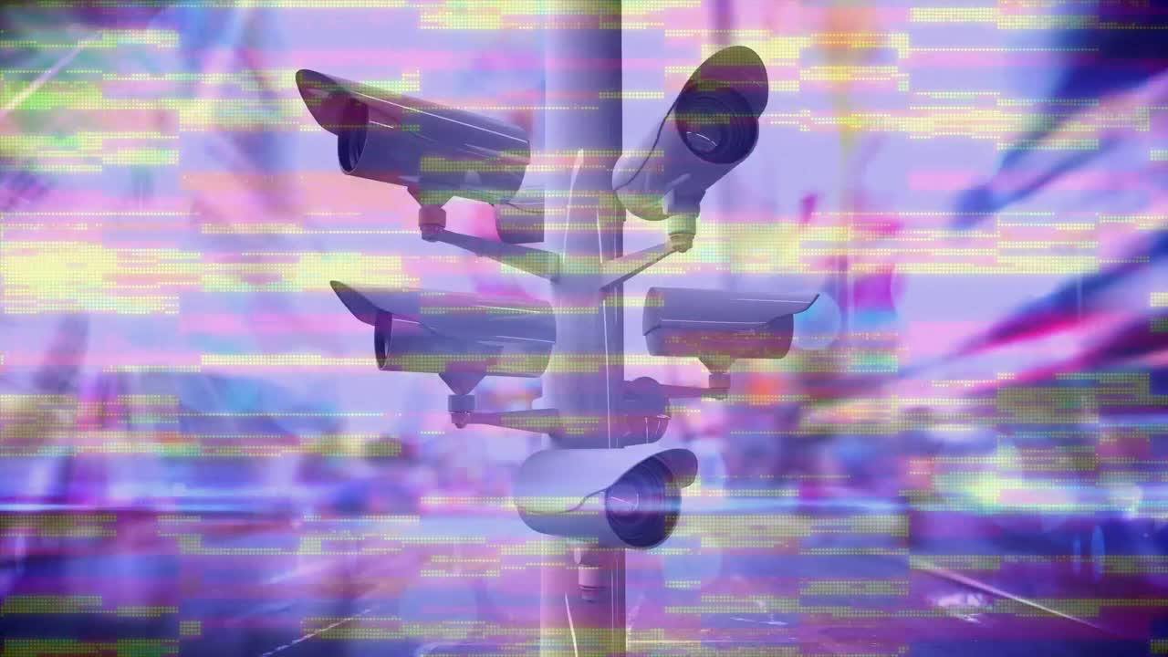 움직이는 cctv 카메라의 애니메이션으로 장애 줄무 ⁇ 가 무질서한 루프에서 최면 움직임으로  ⁇ 박이고 있습니다.