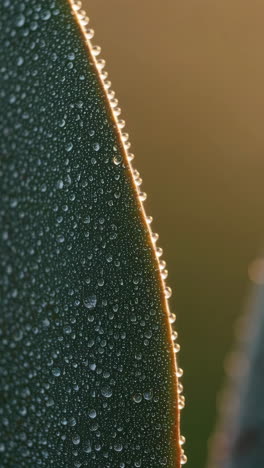 close-up of dew drops on a green leaf illuminated by sunrise