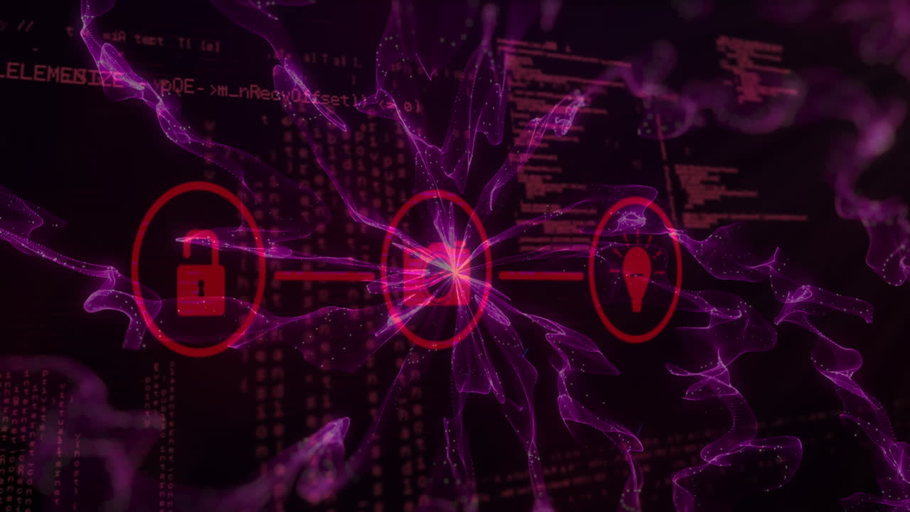 Animation of connected icons over abstract pattern against computer language on black background