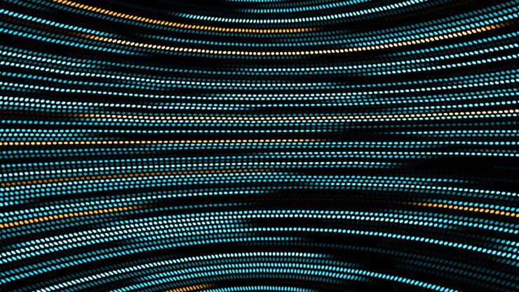 Animação de rastros de luz pontilhados azuis e amarelos em movimento hipnótico em loop contínuo