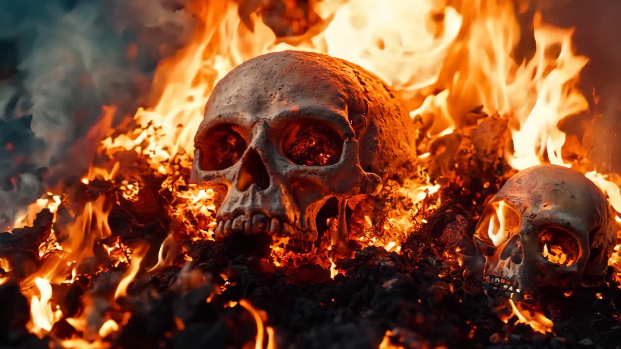 un grupo de calaveras sentadas en la parte superior de una pila de fuego