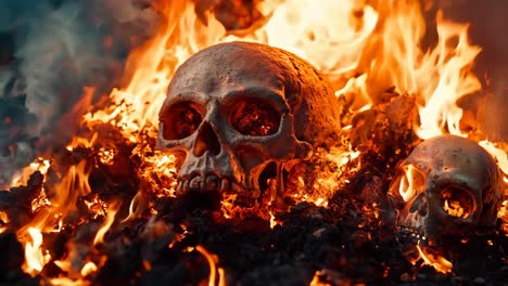 a group of skulls sitting on top of a pile of fire