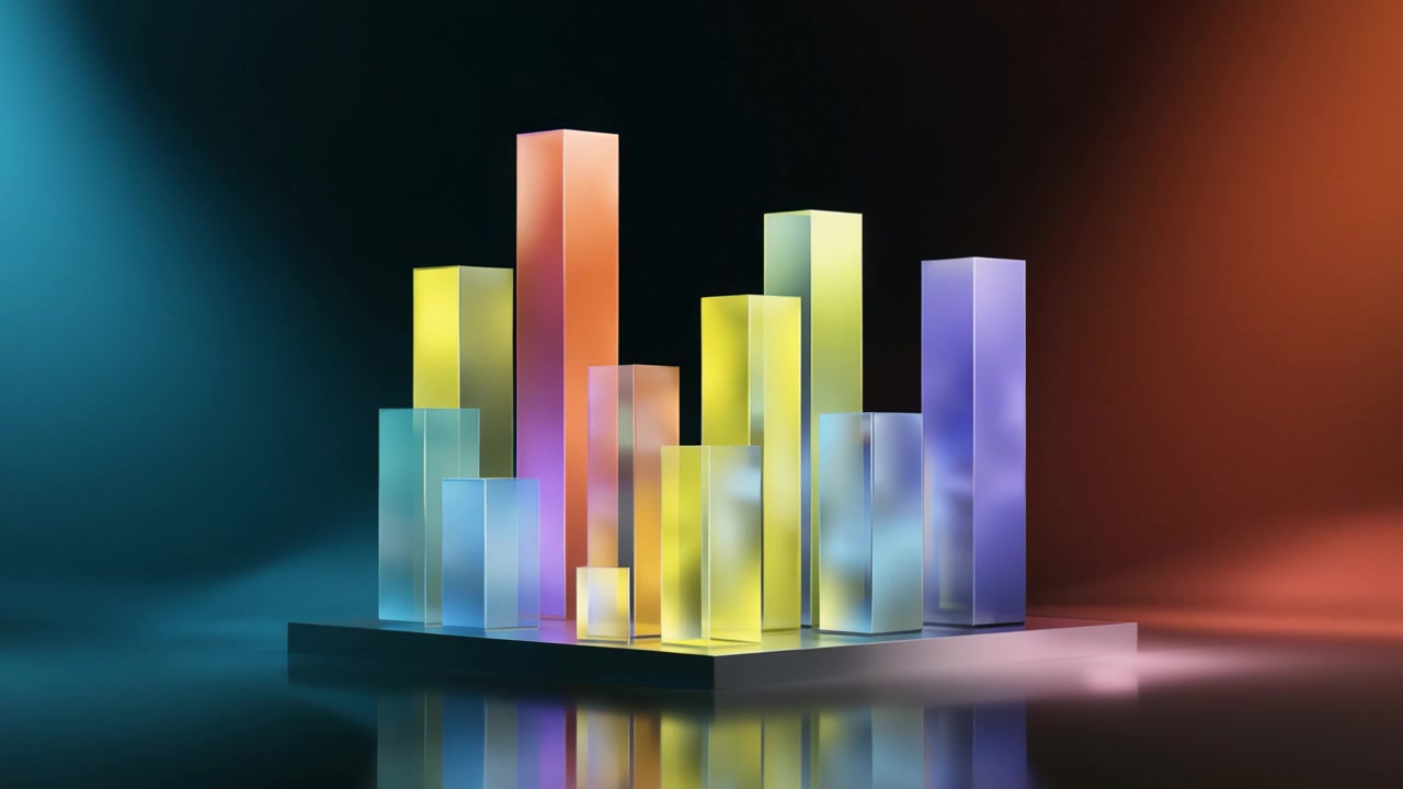 Vibrant and Colorful Abstract Structures Reflecting Light and Creating Depth in a Softly Lit Environment with a Mix of Bold Shapes and Transparent Surfaces