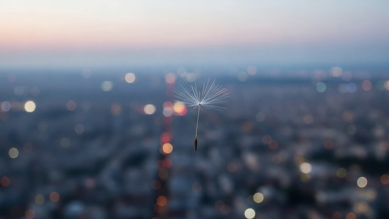 A delicate dandelion seed floating gently in the air against a beautiful blurred backdrop of a cityscape during twilight, capturing the essence of freedom and nature's beauty