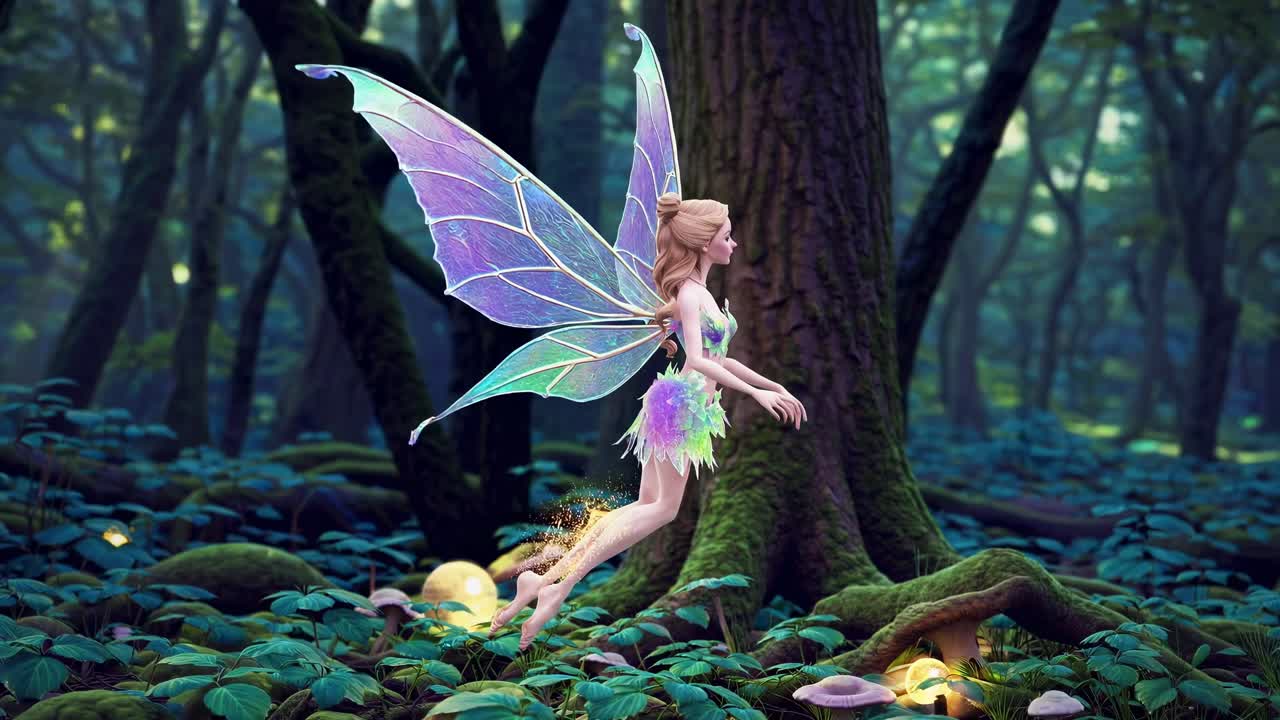 Una fatina stravagante con ali iridescenti scivola attraverso una foresta lussureggiante