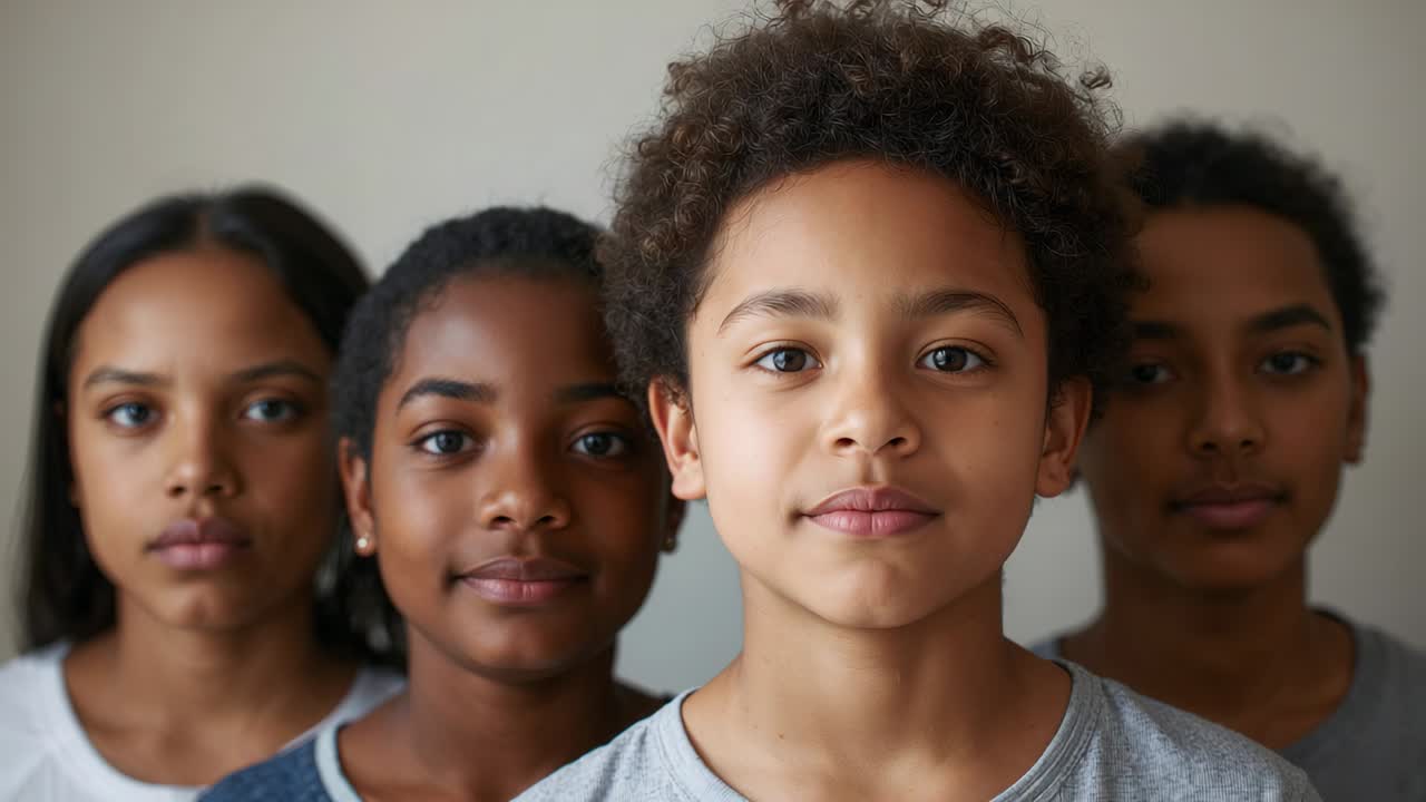 Câmera aproximando para destacar um menino pré-adolescente centralizado em uma sala de retrato, irmãos piscando em camisetas