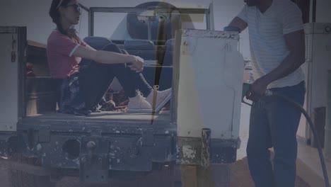 Animation of wind turbine over diverse people with car