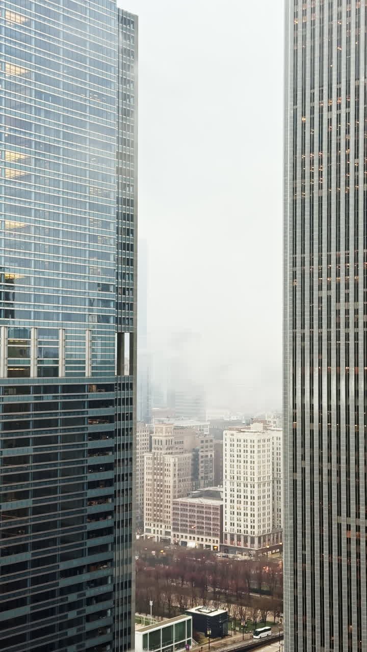 Vista de edifícios altos e uma paisagem urbana em um dia nublado na área central, apresentando estruturas de arranha-céus e um horizonte urbano visível