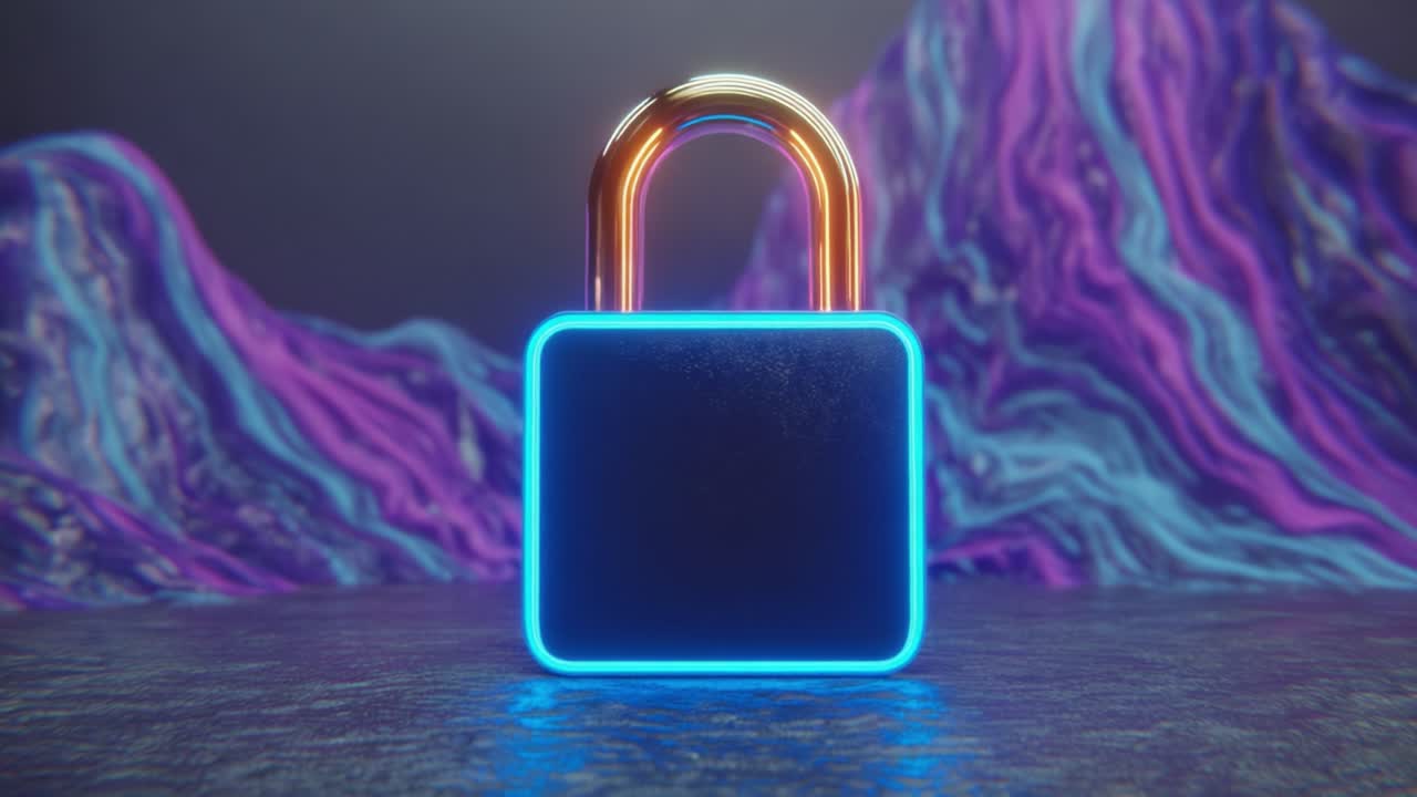 A Glowing Lock in a Surreal Landscape, Symbolizing Security and Protection in a Digital World, Surrounded by Vibrant Abstract Mountains and an Ethereal Atmosphere
