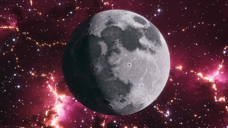 Lua rotacionando, revelando detalhes de crateras enquanto a câmera se aproxima lentamente, nebulosa magenta no espaço sideral.