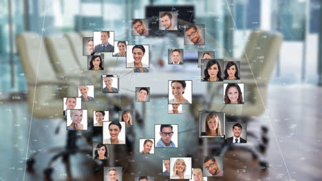 animation of connections with user photos over blurred office interior