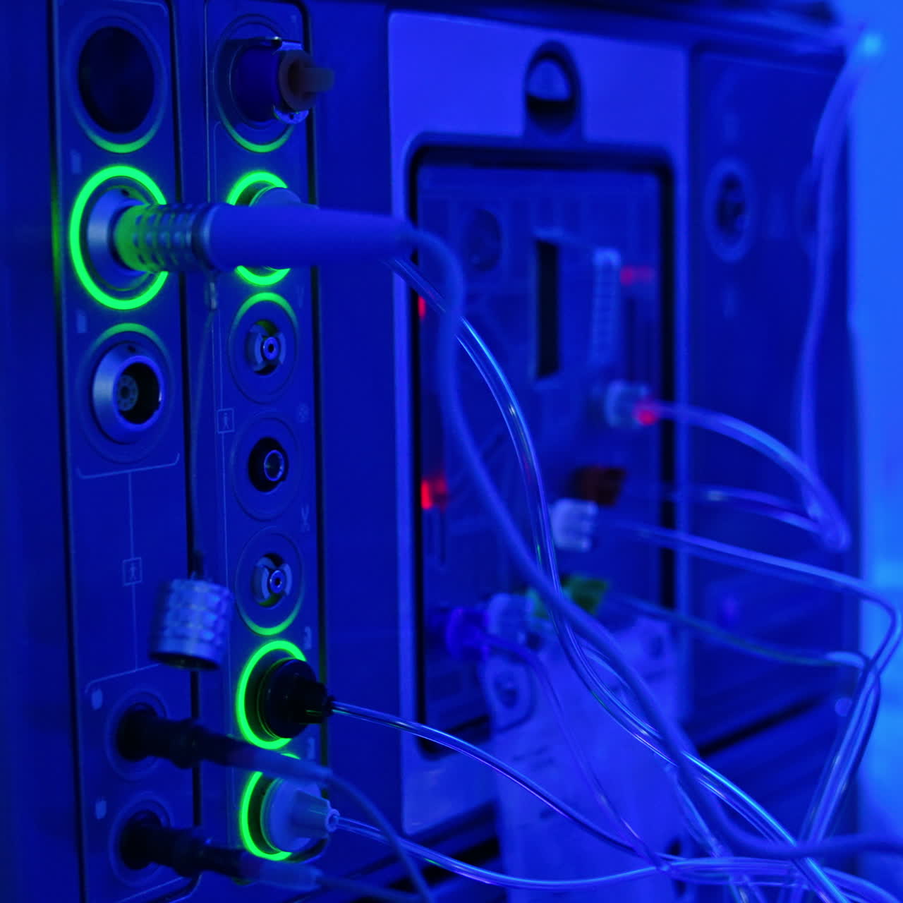 Equipment with attached tubes working in the modern surgery room with blue illumination. Close up