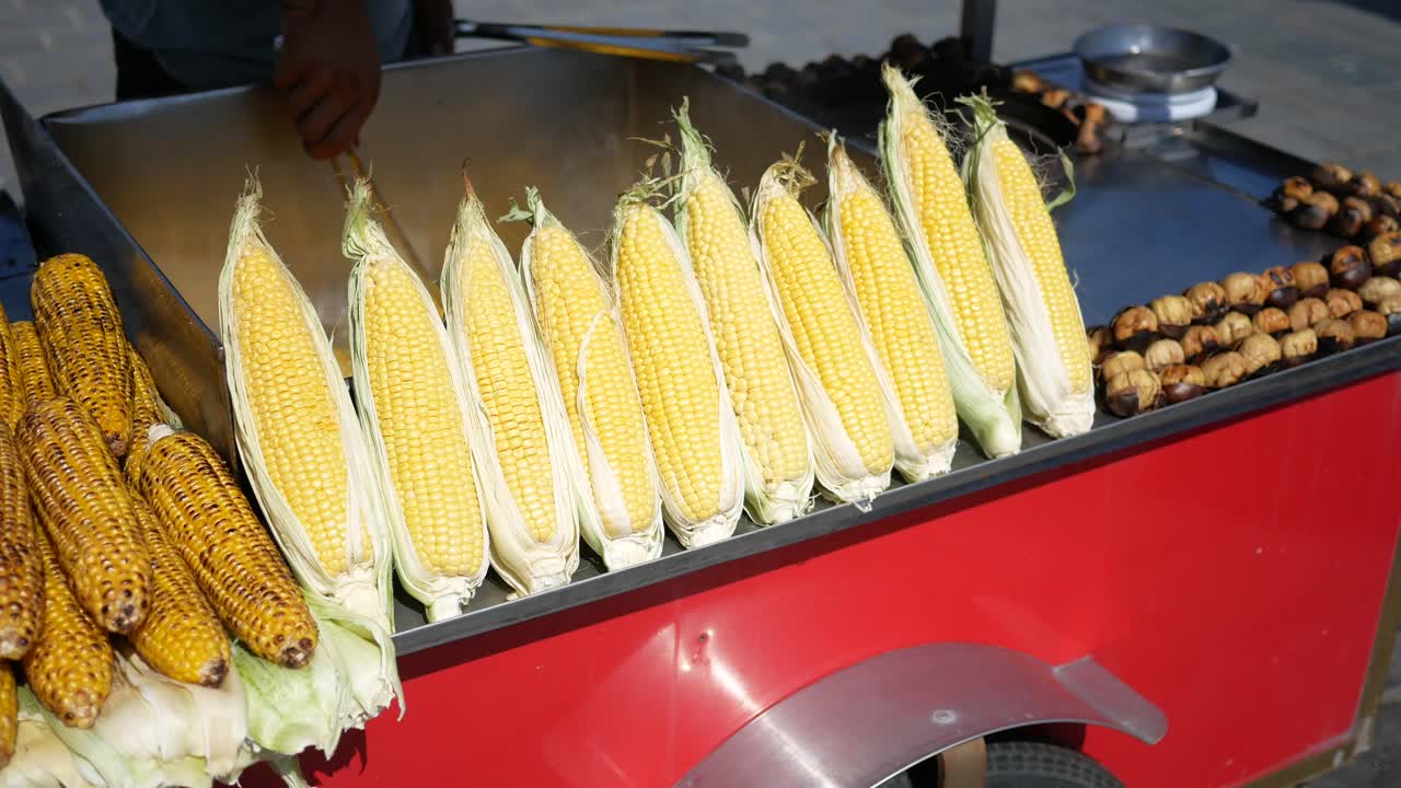 Street Food Vendor Selling Corn on the Cob and Roasted Chestnuts in Turkey