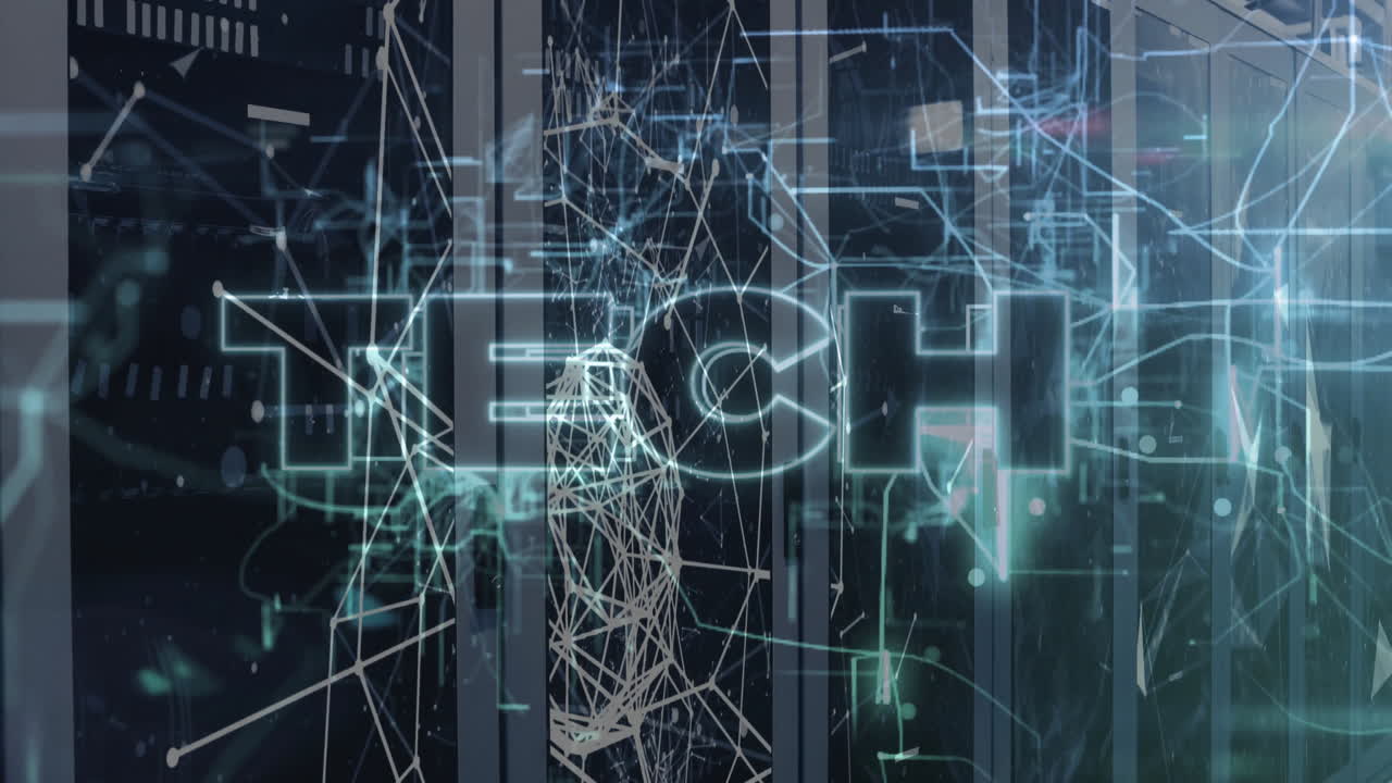 Glass front server racks glowing in data center, displaying neon green grid and network nodes