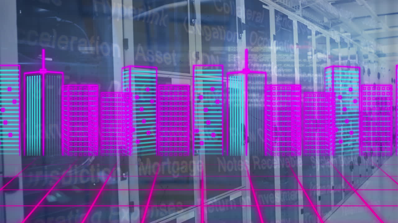 animación del procesamiento de datos y la ciudad sobre la sala del servidor