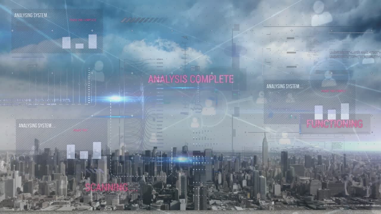 Animation of interface with data processing and network of profile icons over cityscape