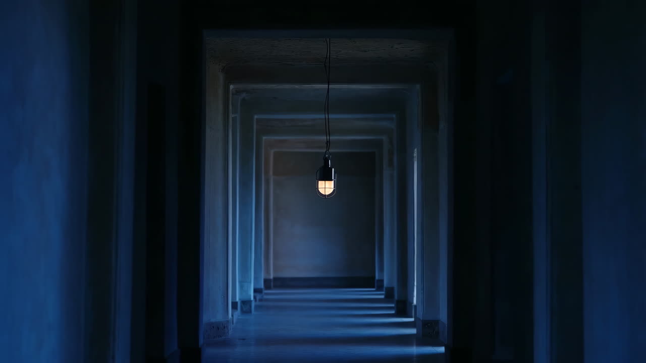 Long Dark Hallway with a Single Glowing Lamp