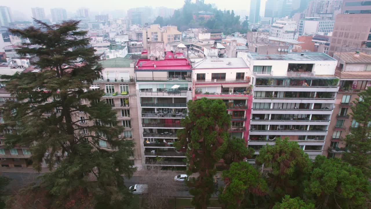 Aerial Panoramic Drone Residential Street Area Santiago, Chile Bellas Artes Neighborhood, Buildings with European Style, Ismael Vald&eacute;s Vergara Road