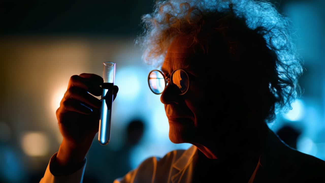 A focused scientist examines a test tube of vibrant liquid, lost in thought as the colorful glow illuminates the laboratory backdrop, highlighting exploration and discovery