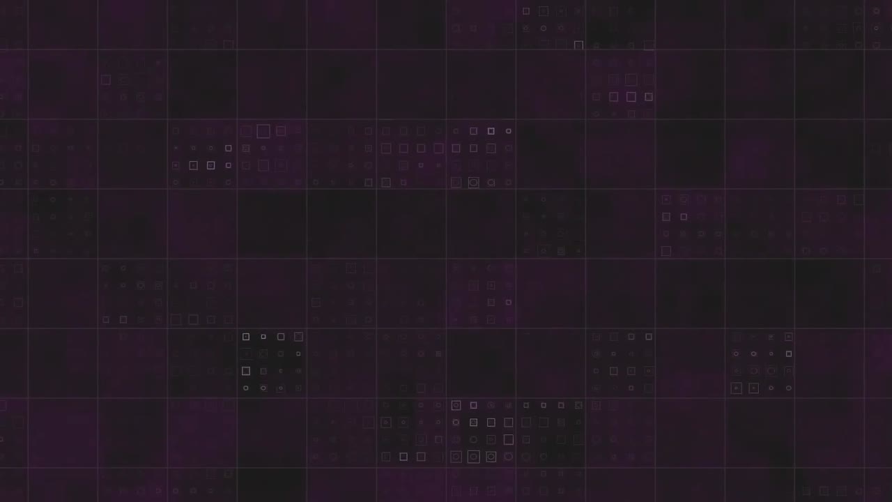 Animation of purple squares of computer processor integrated circuit board on black background.