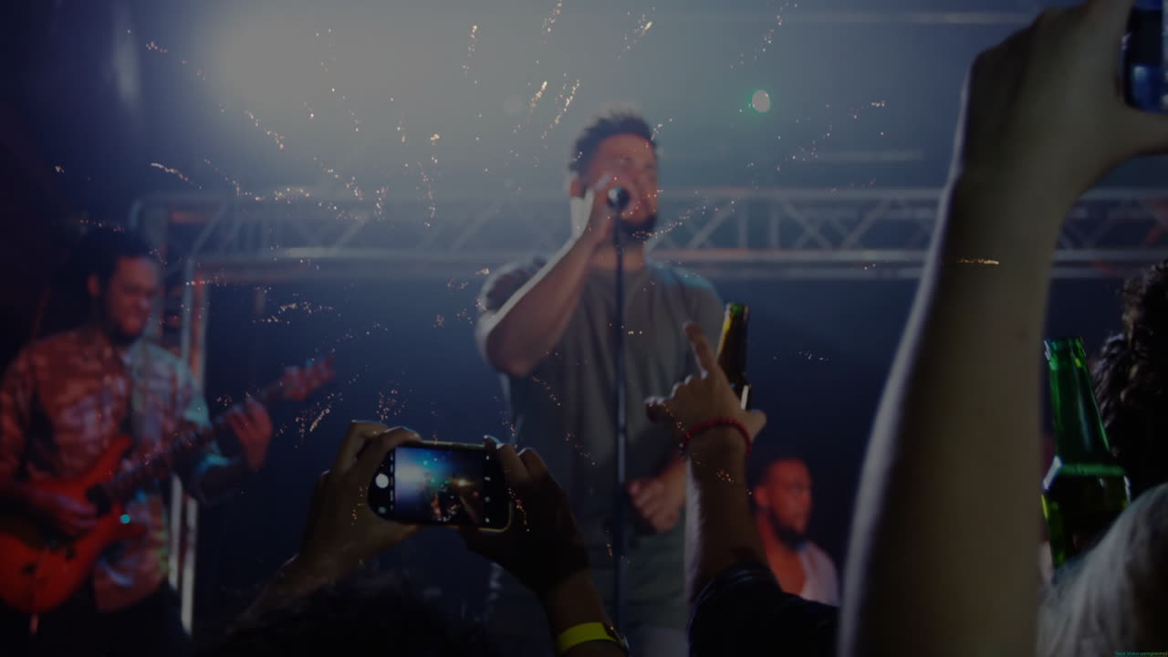 male vocalist performing on stage for music business ad, with floating notes and smartphone icons