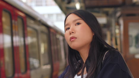 Young-Woman-With-Mobile-Phone-Waiting-On-Underground-Railway-Station-Platform-As-Train-Departs