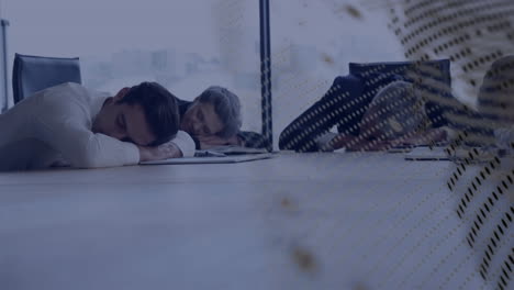 animation of globe and data processing over diverse colleagues sleeping in office