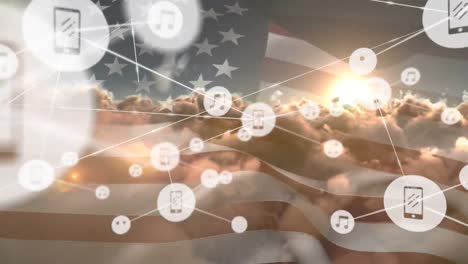 animation of network of connections with icons over flag of united states of america and sky