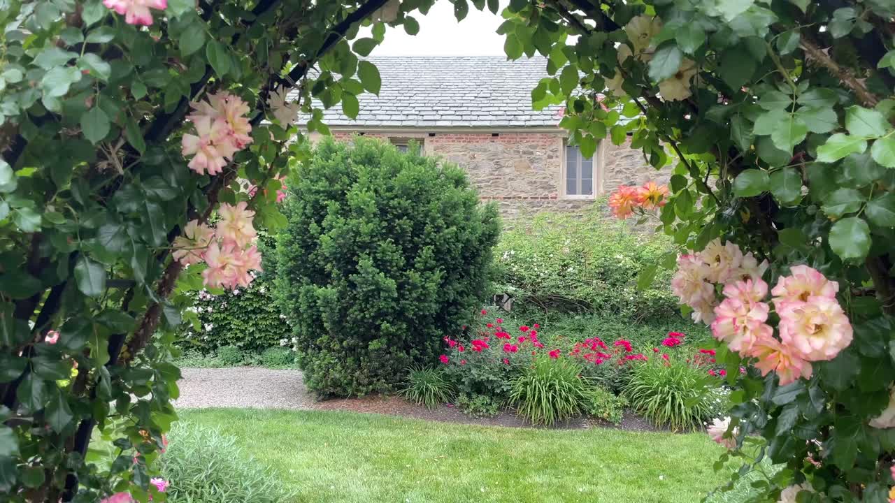 꽃 길 은 배경 에 있는 건물 을 보고 있다