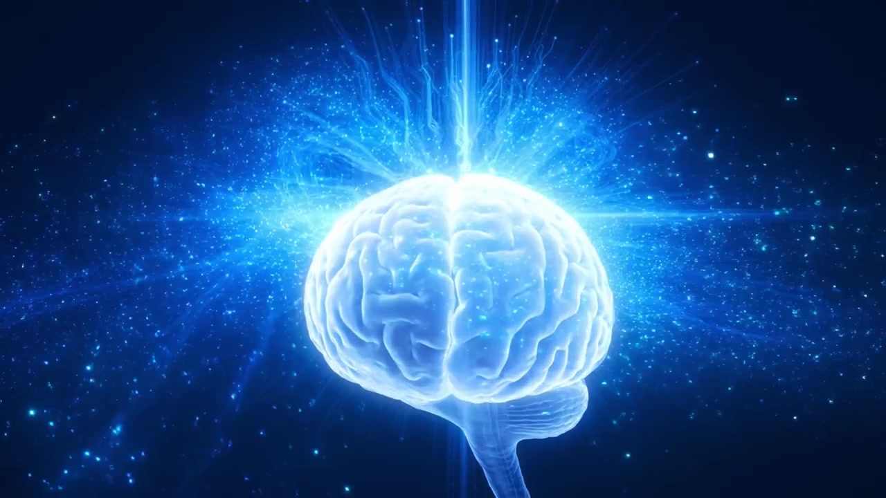 Conceptual Human Brain with Glowing Neural Network and Digital Particles