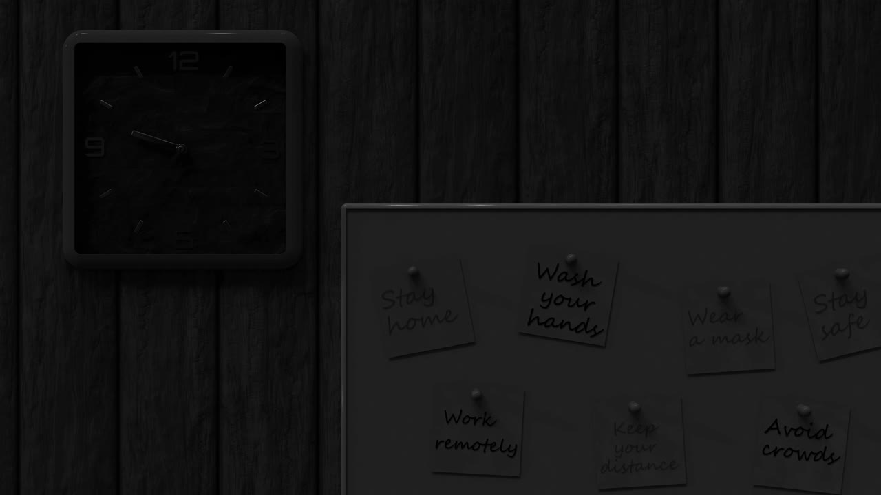 3d looped animation of day and night changes. A clock and an information board with notes on the wall. Time moving concept during quarantine. Important information about protection against coronavirus