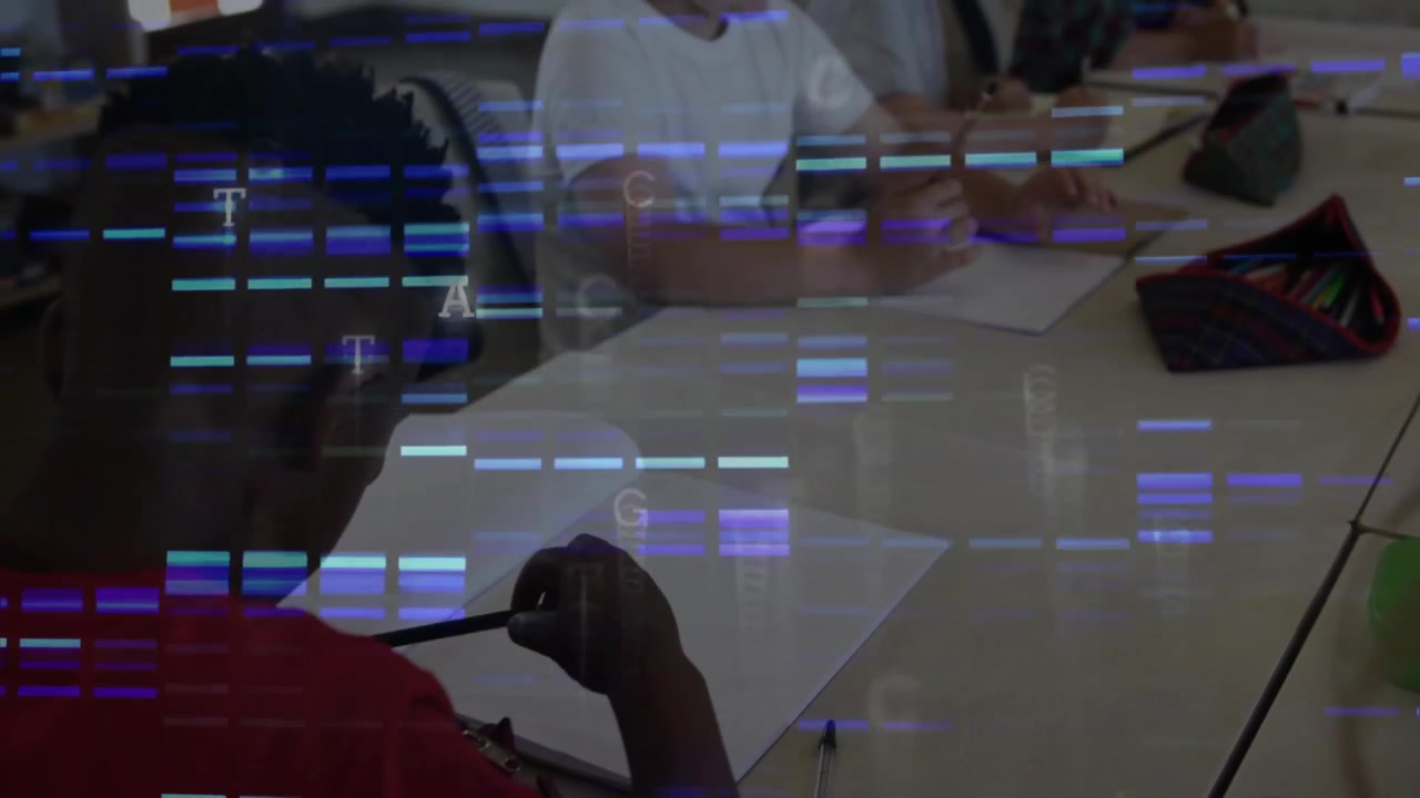Students placing pencils on sheets, sketching at classroom table with animated overlay flickering