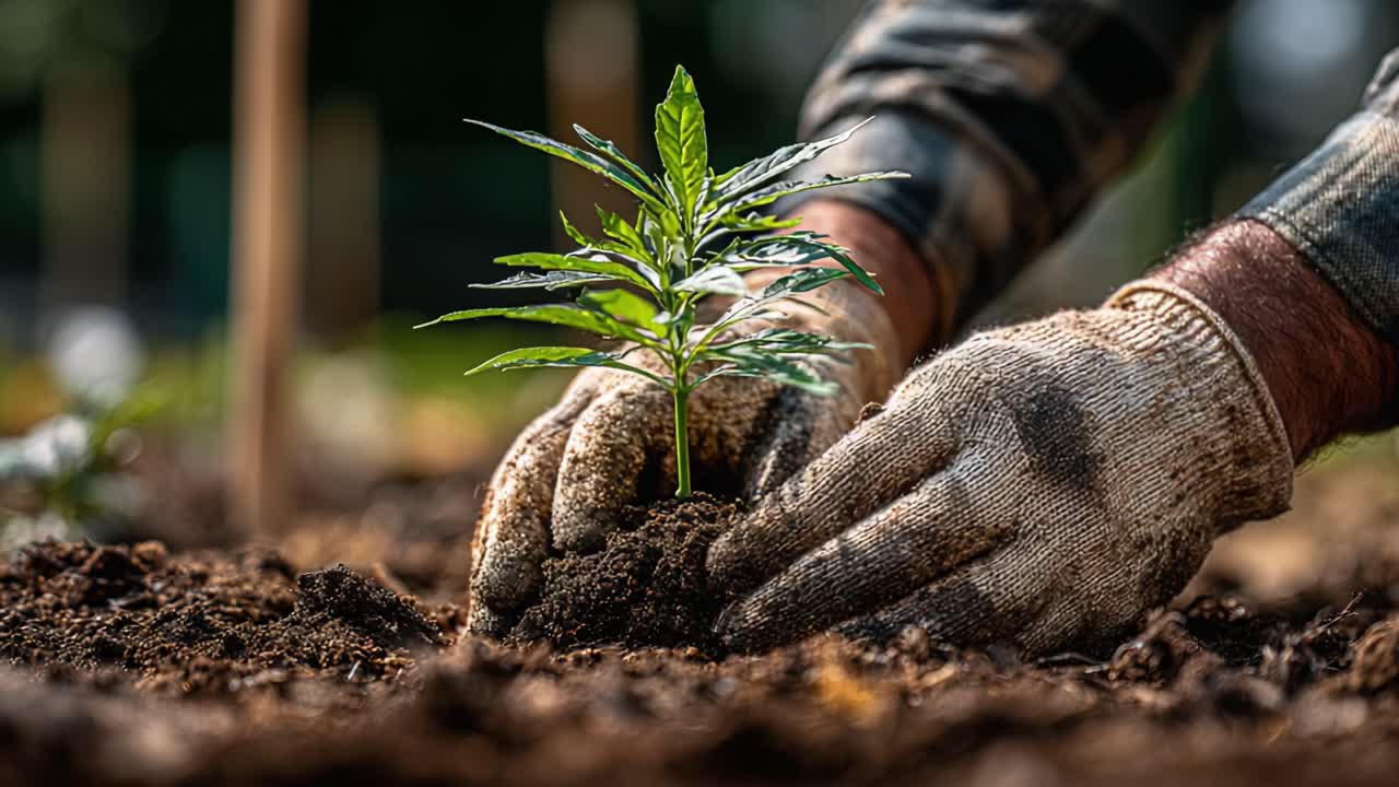 Un primo piano di mani che piantano una giovane piantina di cannabis in terreno fertile, catturando l'essenza del giardinaggio e della coltivazione in azione.