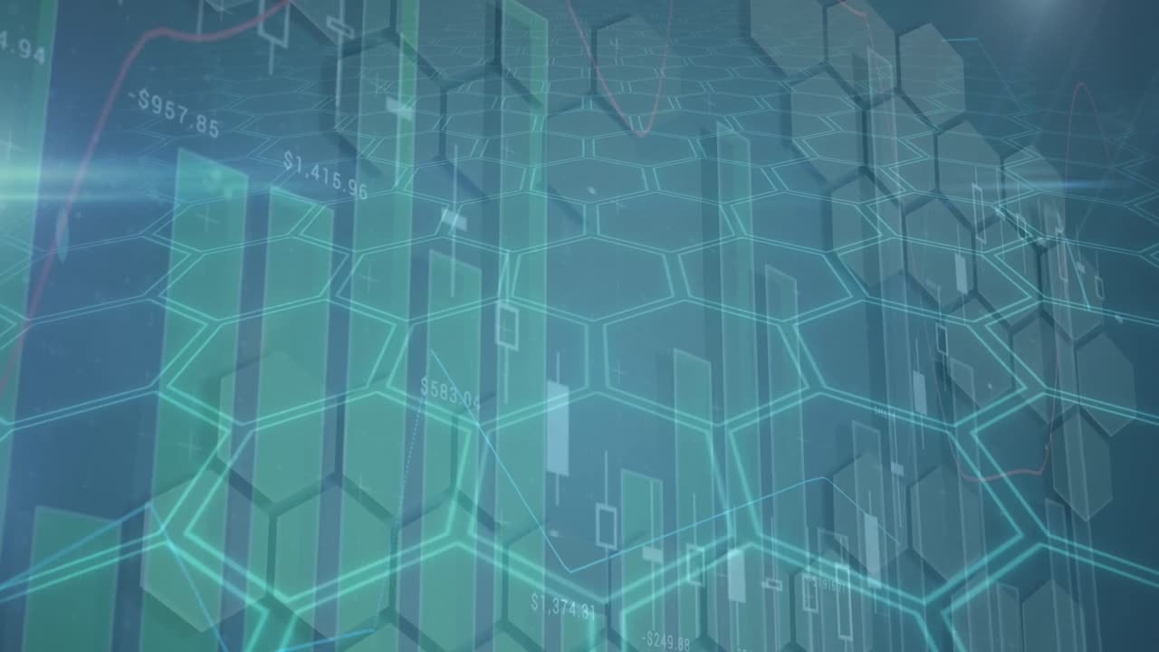 animación del procesamiento de datos financieros a través de una red de hexágonos.