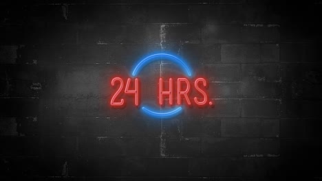 24 hrs message on flickering neon sign in 4k resolution