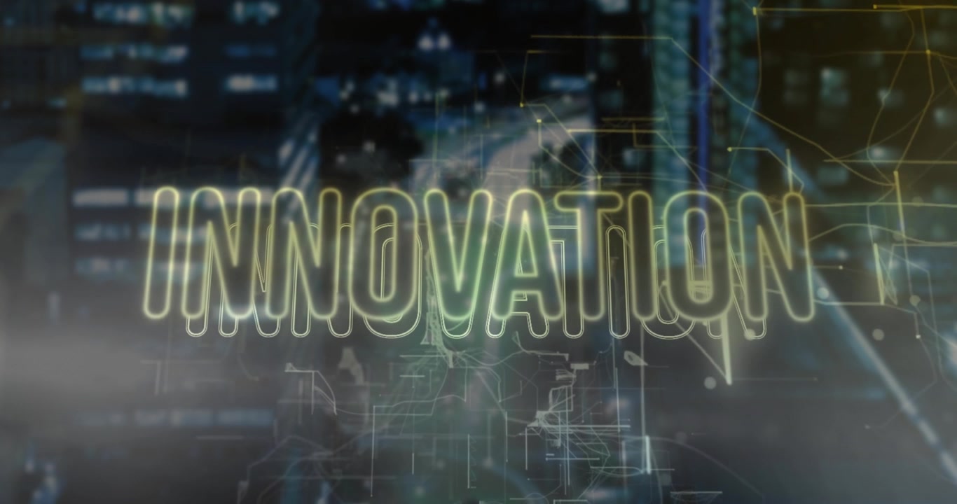 Glitch strokes sweeping initiating neon sketching INNOVATION while glowing showing tech progress