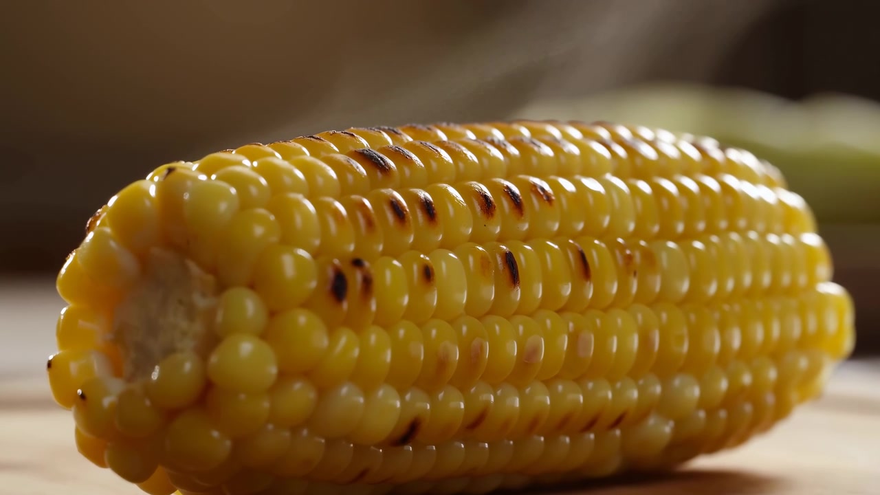 Close-up grilled corn on cob with rising steam, charred kernels, glossy surface, and warm directional light on rustic wooden board for appetizing food presentation