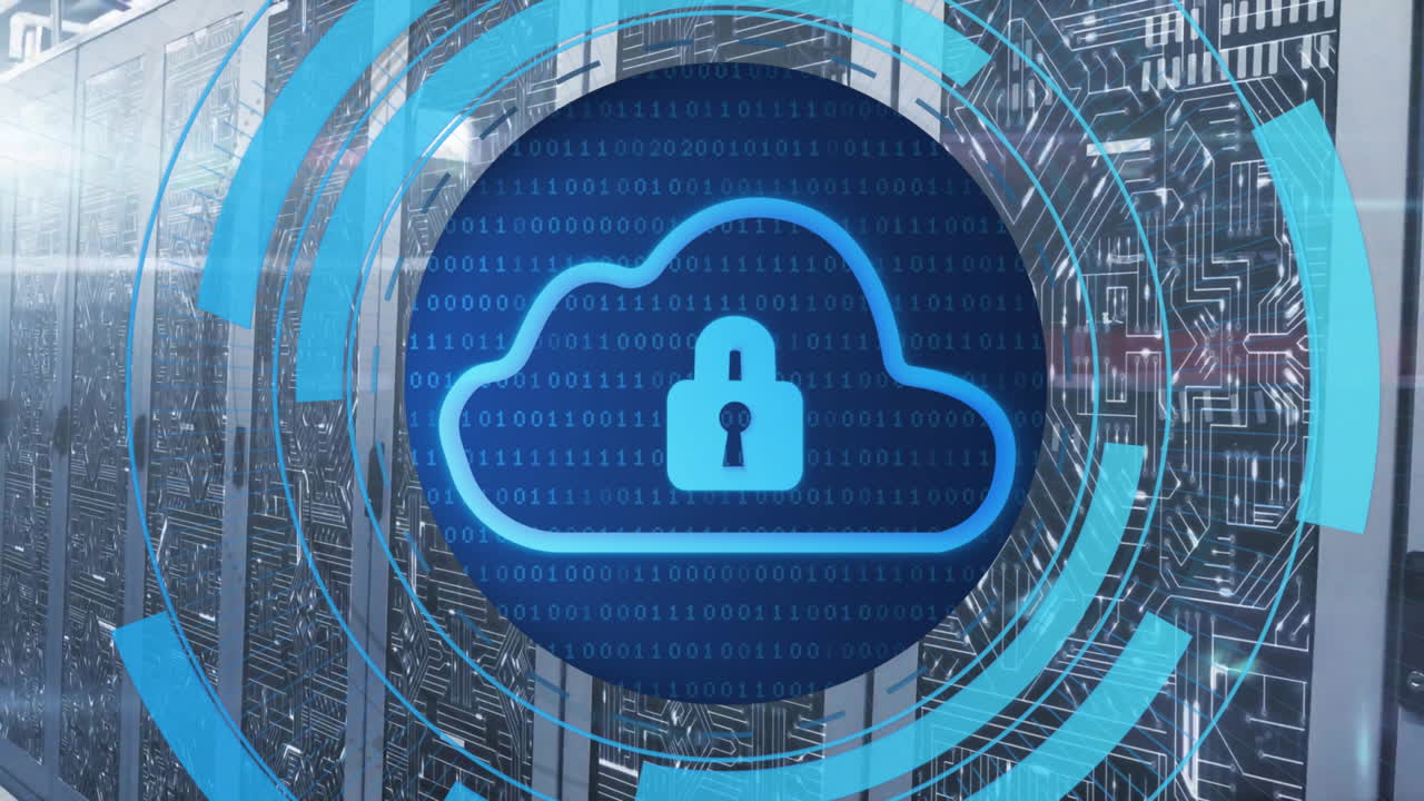 Animation of circular scanner, cloud and padlock icons and network over server room