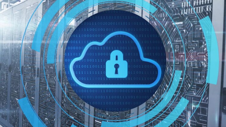 Animation of circular scanner, cloud and padlock icons and network over server room