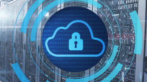 animation of circular scanner, cloud and padlock icons and network over server room