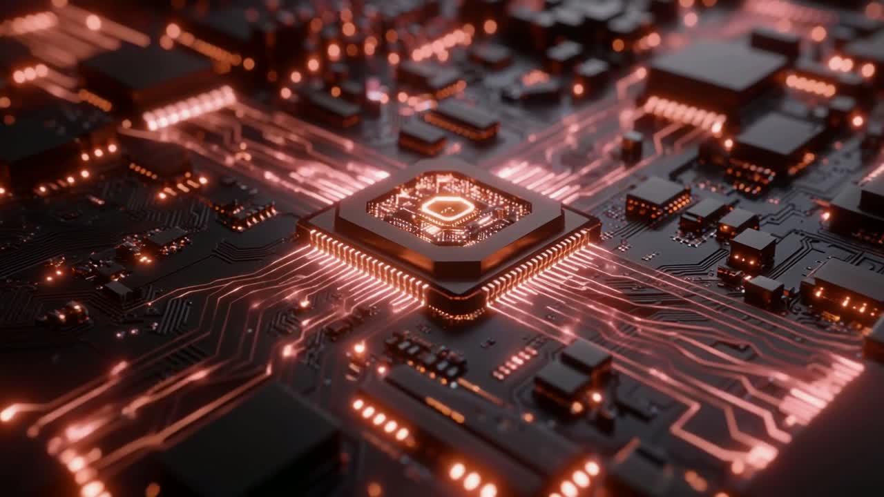 Lysende CPU-processor på et futuristisk printkort