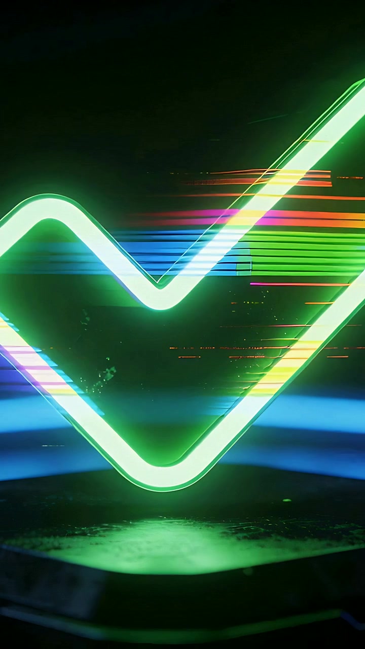 Vertical video: Pulsing neon check mark reacting to glitch signal on dark studio platform