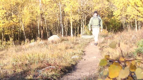 Rucksacktourist-Geht-Auf-Die-Kamera-Zu,-Mit-Herbstlichen-Espenblättern-Im-Hintergrund