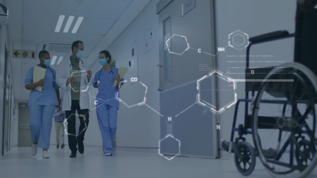 Walking in hospital corridor, medical staff with molecular structure animation overlay