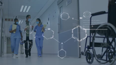 walking in hospital corridor, medical staff with molecular structure animation overlay