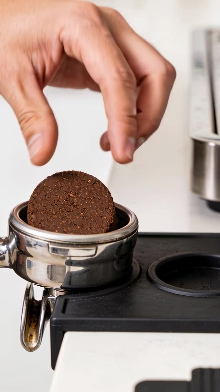 Vídeo vertical: Mão colocando disco de café compactado no porta-filtro sobre o balcão, ao lado da máquina de café expresso, para preparo