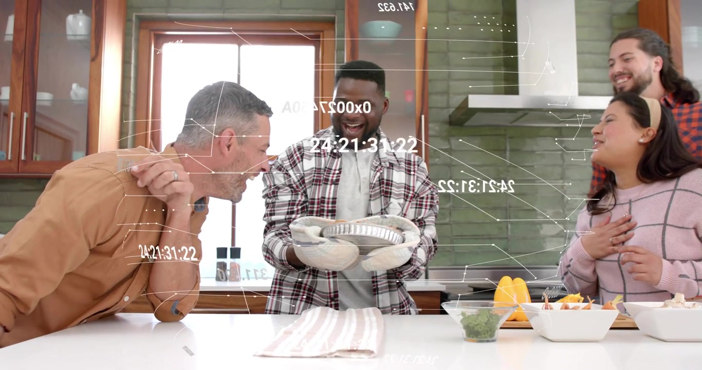 Man wearing plaid mitts placing foil tray, peeling foil to reveal baked fish in cooking demo